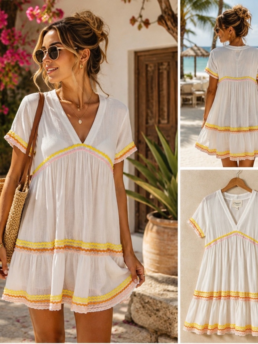 9 Seed St. Tropez Ric Rac White Gauze Boho Tiered Resort Mini Dress Sz SP
